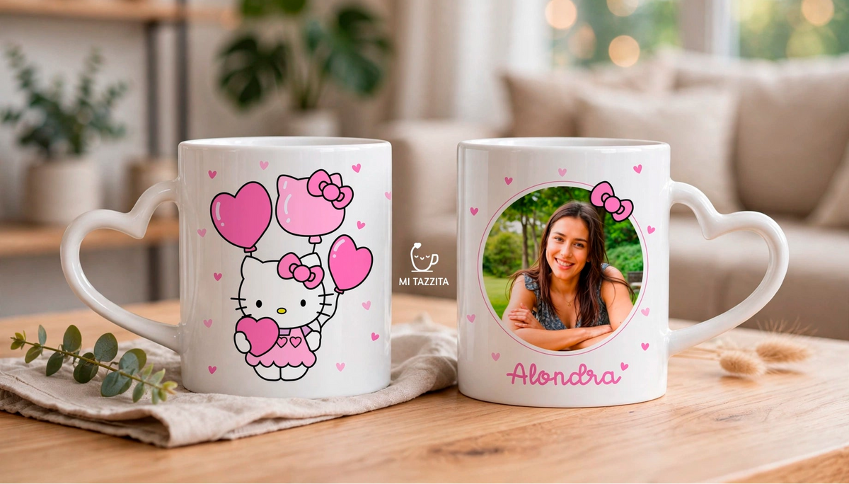 Taza Hello Kitty Personalizado con Foto y Nombre | Tazas Hello Kitty - Taza de Asa de Corazón de 11 oz.
