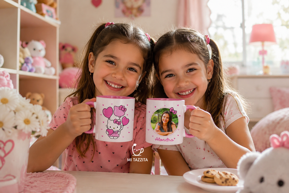 Taza Hello Kitty Personalizado con Foto y Nombre | Tazas Hello Kitty - Taza Blanca y Rosada de 11 oz.