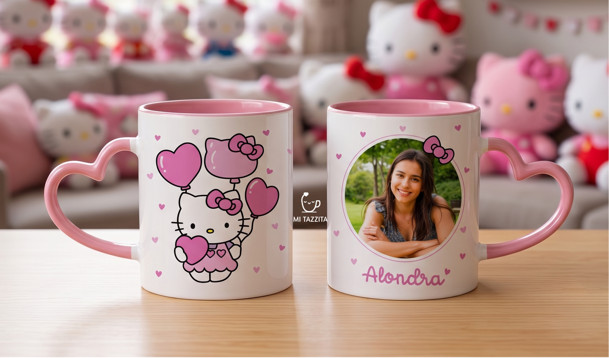 Taza Hello Kitty Personalizado con Foto y Nombre | Tazas Hello Kitty - Taza Asa de Corazón Blanca y Rosada de 11 oz.