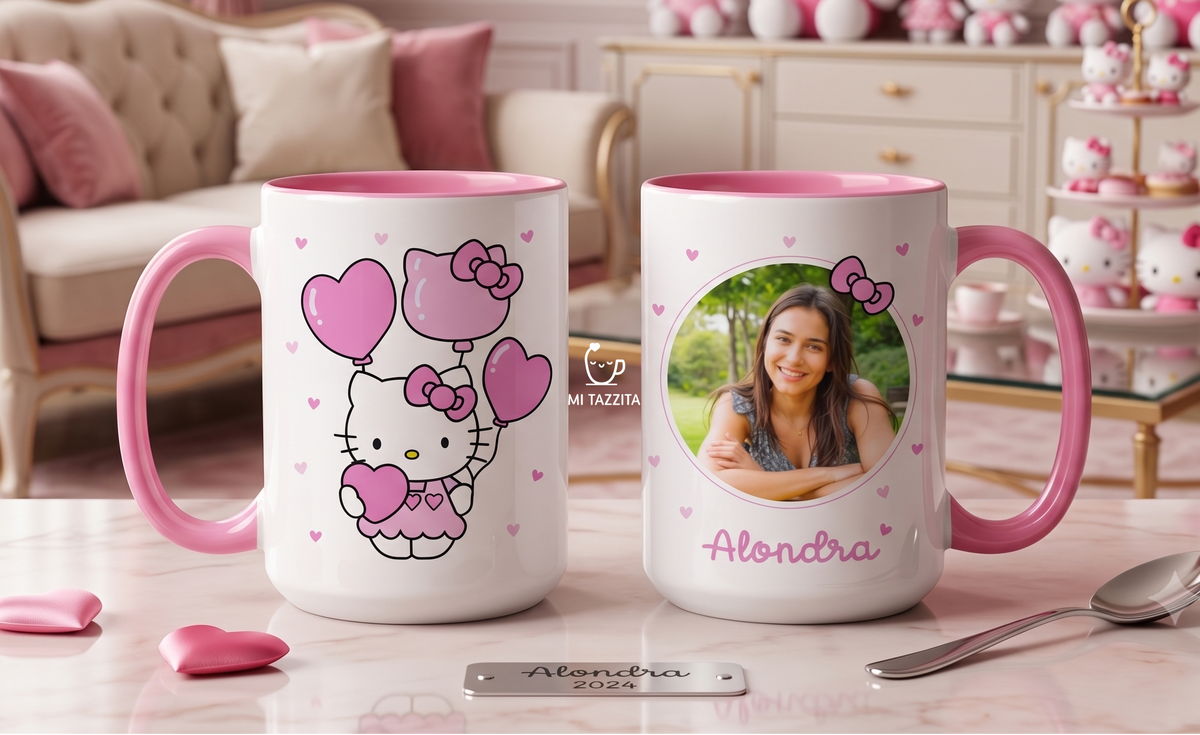 Taza Hello Kitty Personalizado con Foto y Nombre | Tazas Hello Kitty - Taza Blanca y Rosada de 15 oz. 