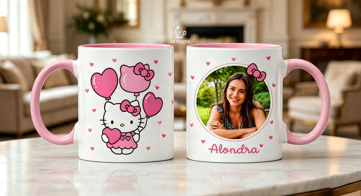 Taza Hello Kitty Personalizado con Foto y Nombre | Tazas Hello Kitty - Taza Blanca y Rosada de 11 oz.