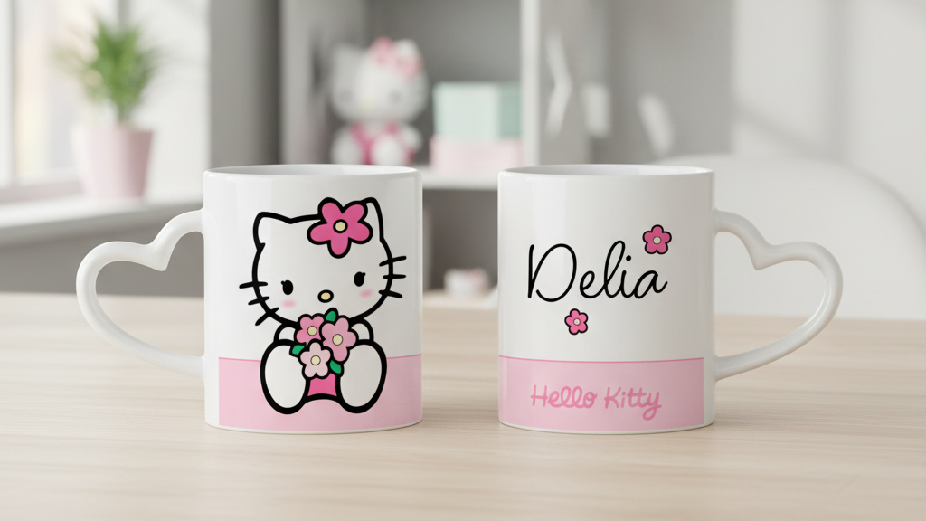 Taza Hello Kitty Saludando con Nombre Personalizado | Tazas Hello Kitty | Taza Asa de Corazón