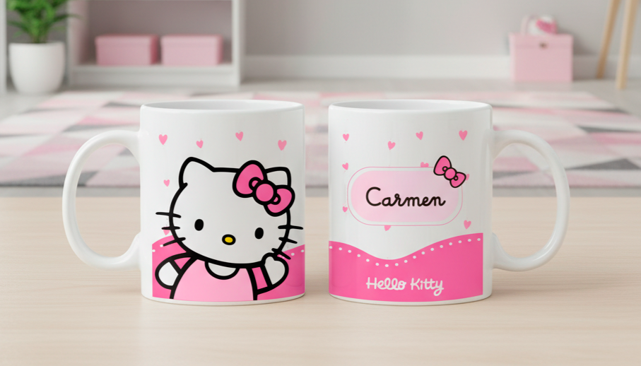 Taza Hello Kitty Saludando con Nombre Personalizado | Tazas Hello Kitty | Taza blanca de 11 oz