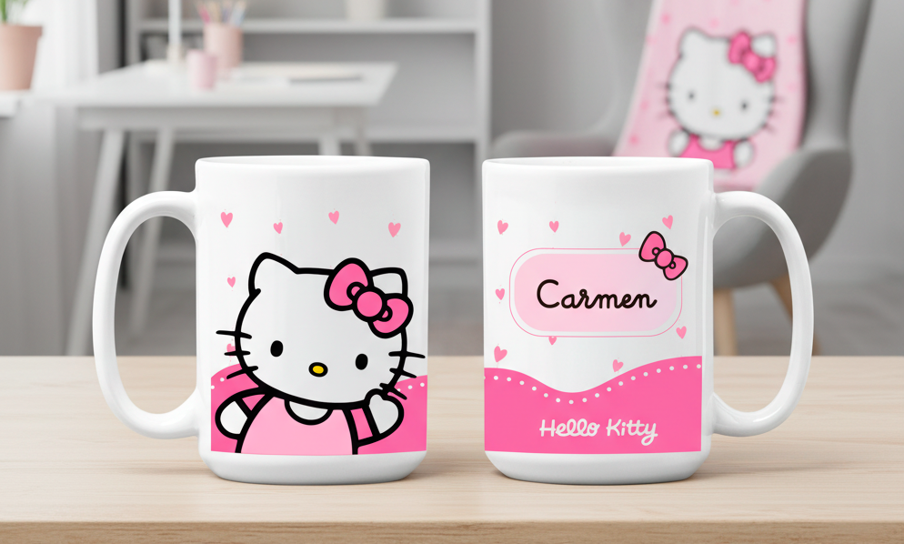Taza Hello Kitty Saludando con Nombre Personalizado | Tazas Hello Kitty | Taza blanca de 15 oz