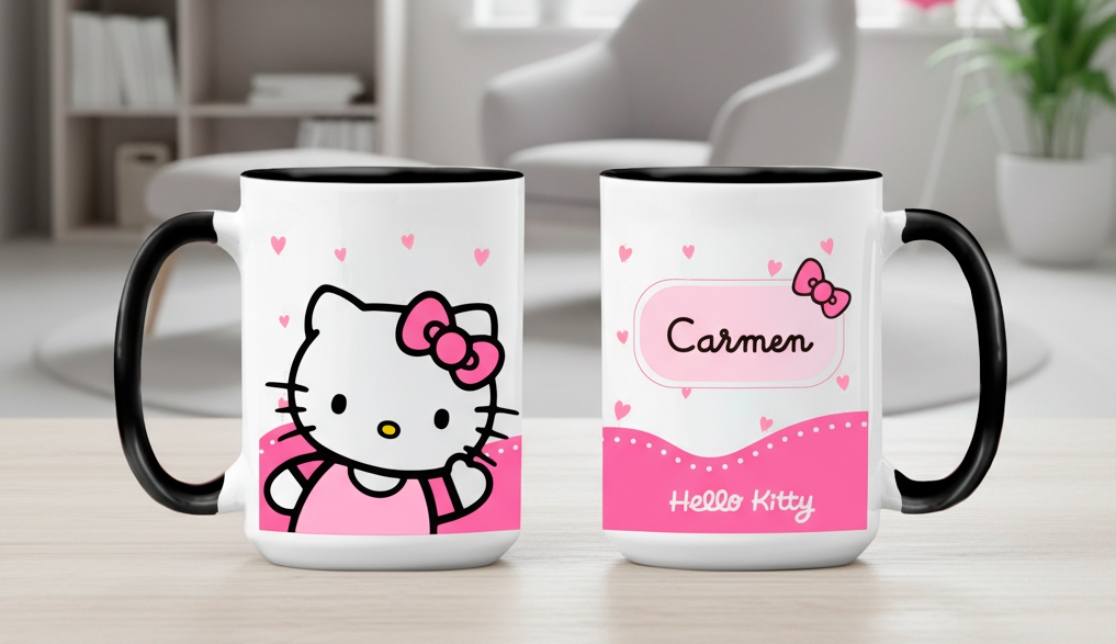 Taza Hello Kitty Saludando con Nombre Personalizado | Tazas Hello Kitty | Taza blanca y negra de 15 oz