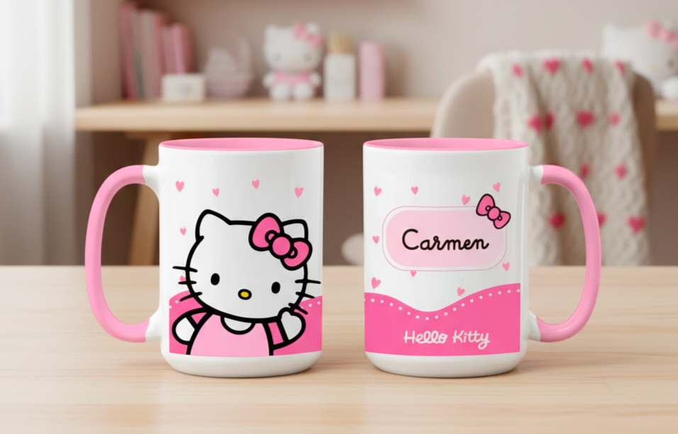 Taza Hello Kitty Saludando con Nombre Personalizado | Tazas Hello Kitty | Taza blanca y rosada de 15 oz