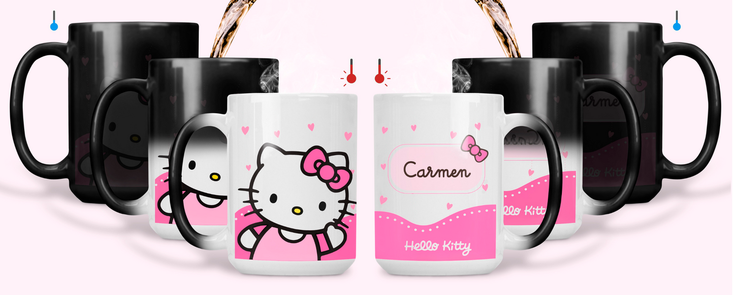 Taza Hello Kitty Saludando con Nombre Personalizado | Tazas Hello Kitty | Taza mágica de 15 oz