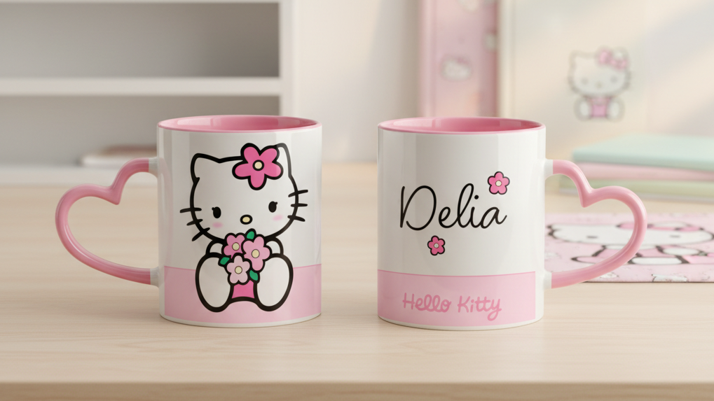 Taza Hello Kitty con tu Nombre Personalizado | Tazas Hello Kitty | Taza Asa de Corazón Rosado de 11 oz