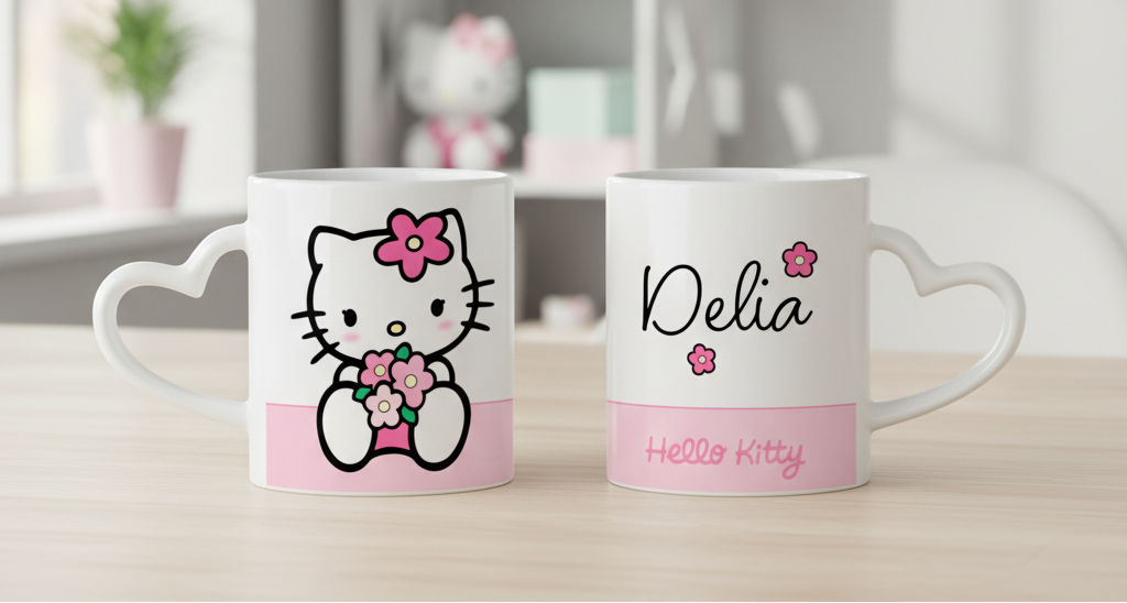 Taza Hello Kitty con tu Nombre Personalizado | Tazas Hello Kitty | Taza Asa de Corazón de 11 oz