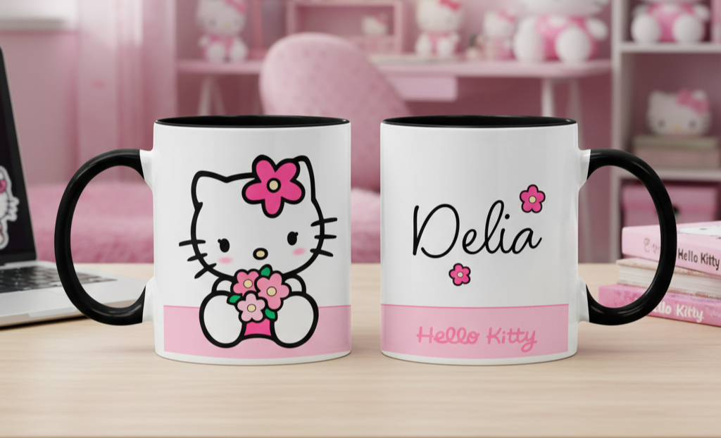 Taza Hello Kitty con tu Nombre Personalizado | Tazas Hello Kitty | Taza Blanca y Negra de 11 oz