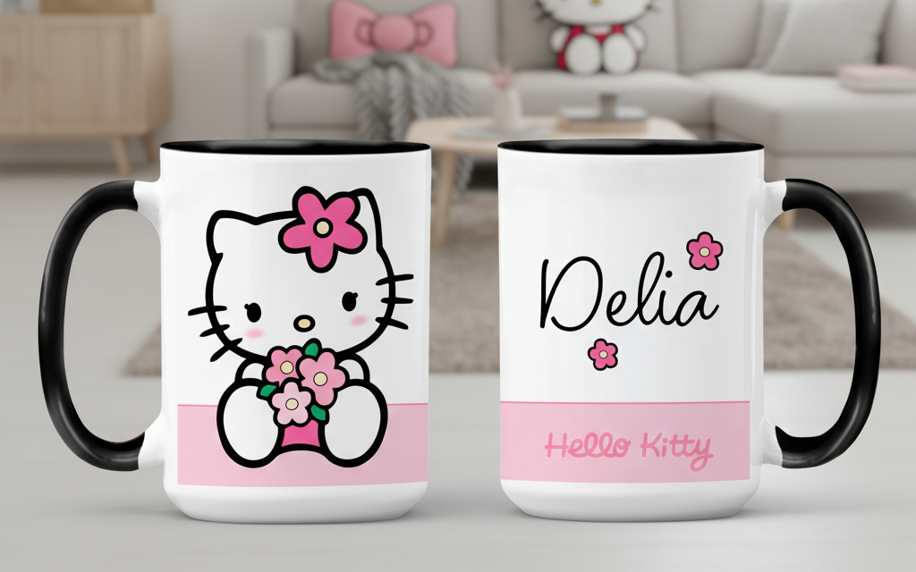 Taza Hello Kitty con tu Nombre Personalizado | Tazas Hello Kitty | Taza Blanca y Negra  de 15 oz