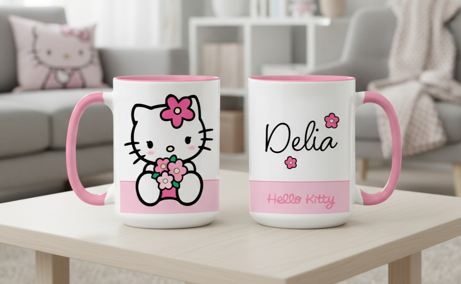 Taza Hello Kitty con tu Nombre Personalizado | Tazas Hello Kitty | Taza Blanca y Rosada  de 15 oz