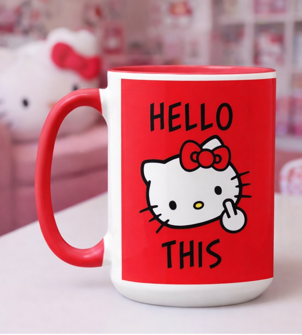Taza Hello This | Tazas Hello Kitty - Taza Blanca y Roja de 15 oz.