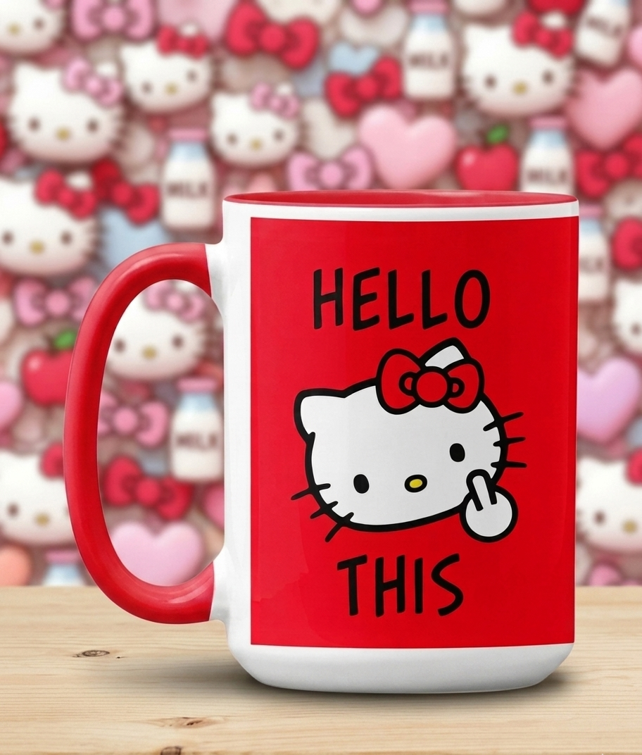 Taza Hello This | Tazas Hello Kitty - Taza Blanca y roja de 15 oz.