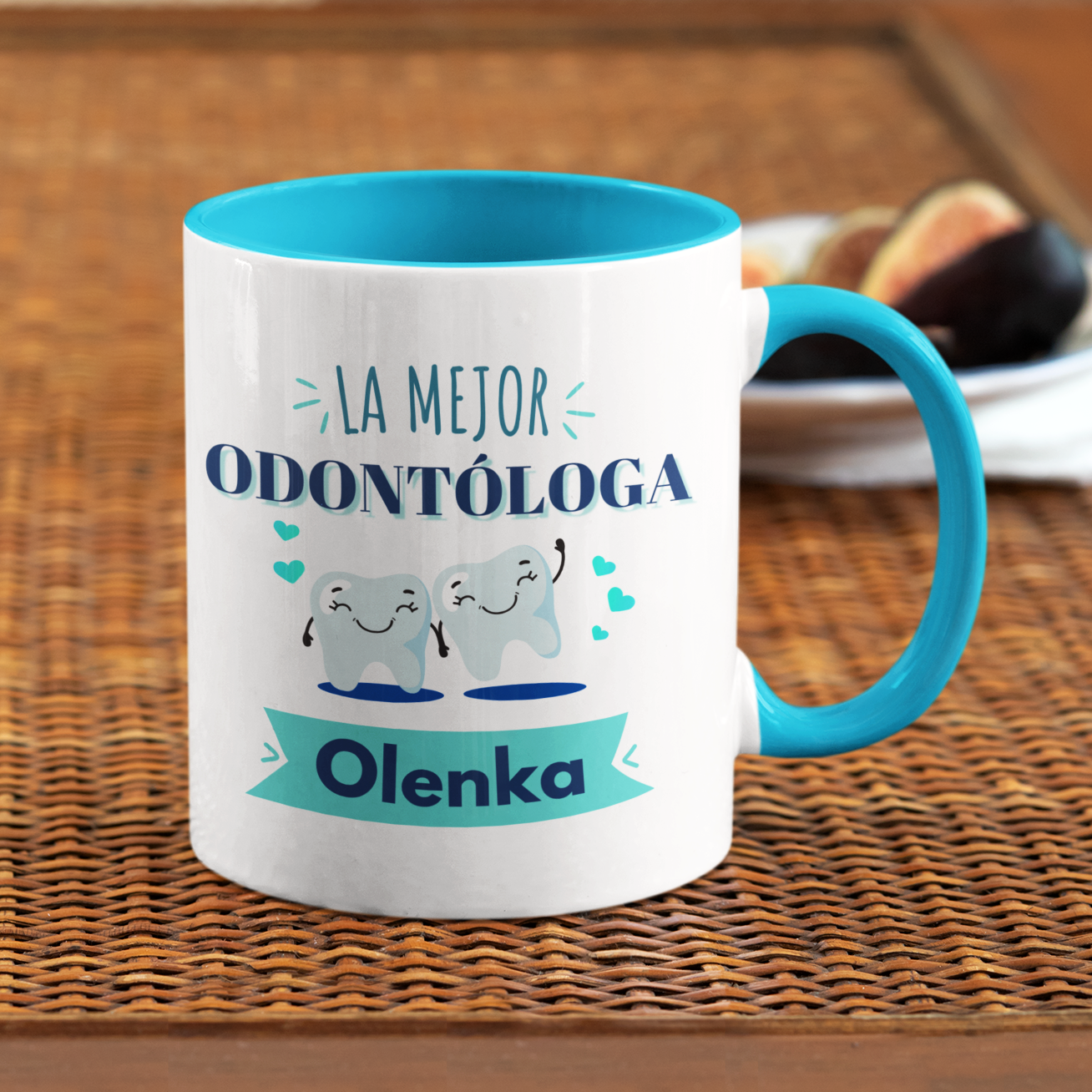 Taza La Mejor Odontóloga con Nombre Personalizado | Tazas para Odontólogos | Taza Blanca y Celeste de 11 oz