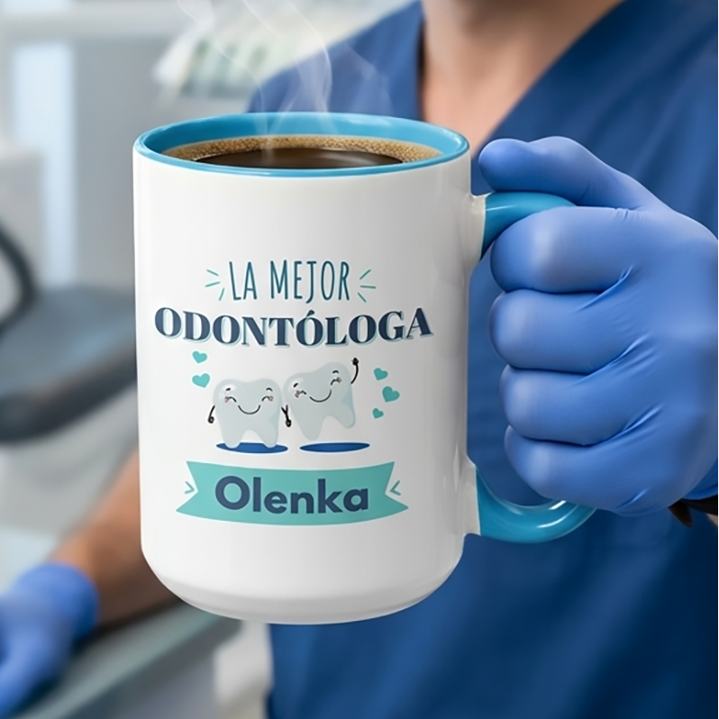 Taza La Mejor Odontóloga con Nombre Personalizado | Tazas para Odontólogos | Taza Blanca y Celeste de 15 oz