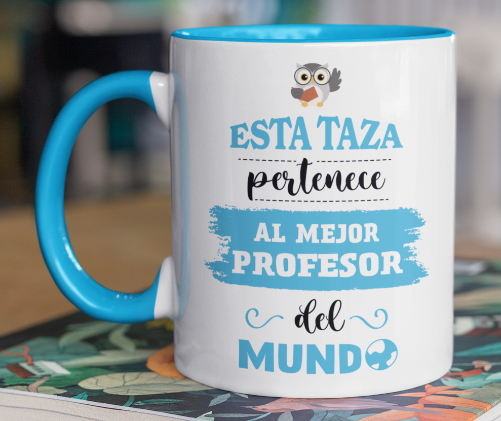 Taza La Mejor Profesora del Mundo -Taza Blanca y Celeste 11 oz-Tazas Día del Maestro -Taza Profesor