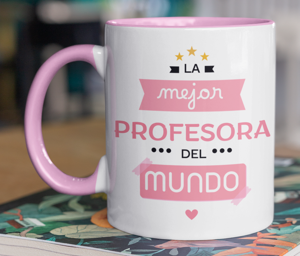 Taza La Mejor Profesora del Mundo -Taza Blanca y Rosada 11 oz-Tazas Día del Maestro -Taza Profesor