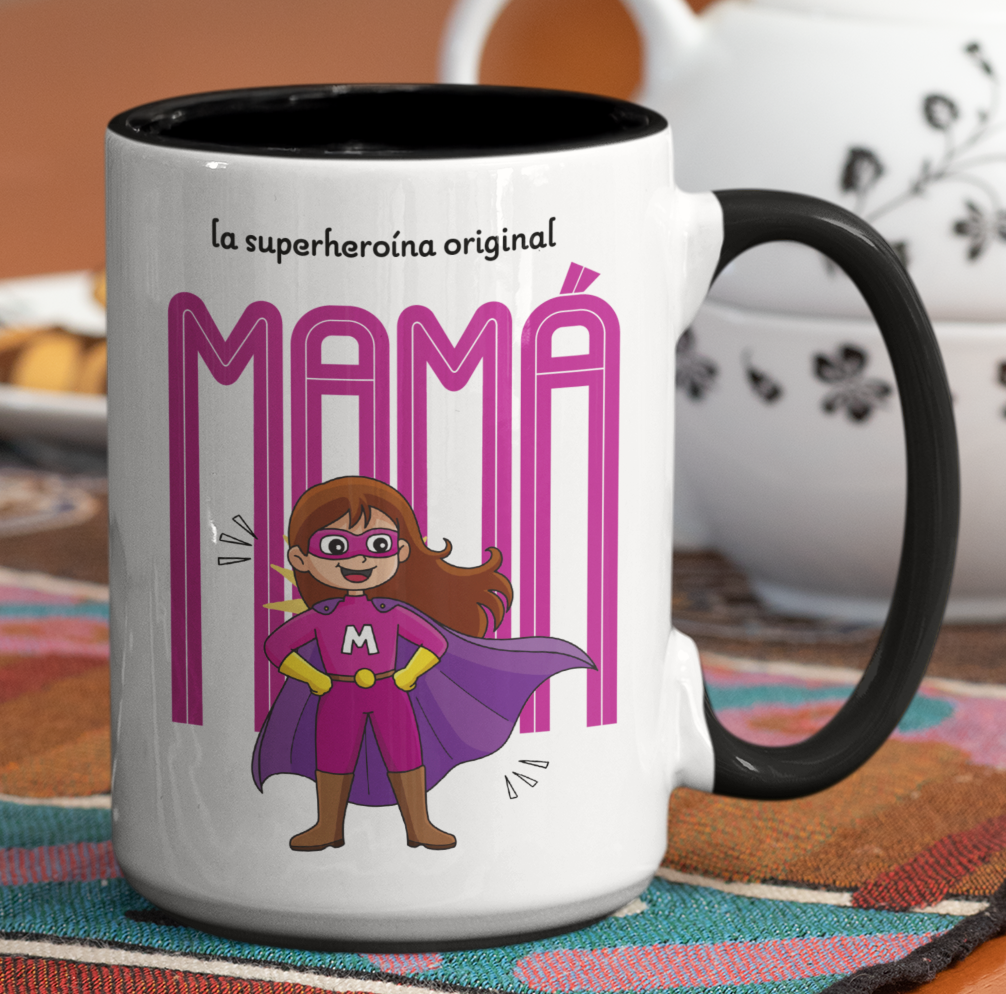Taza La Súper Heroína Mamá - Taza Blanca y Negra 15 oz - Taza Día de la Madre - Taza para Mamá