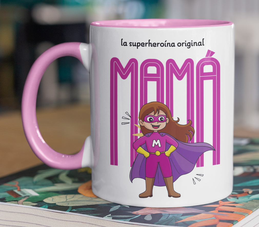 Taza La Súper Heroína Mamá - Taza Blanco y Rosado 11 oz - Taza Día de la Madre - Taza para Mamá