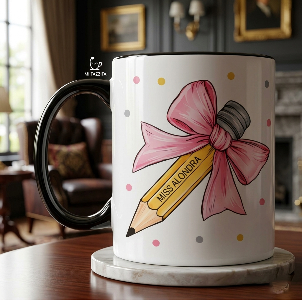 Taza Lazo y Sabiduría Personalizado con Nombre | Tazas Día del Maestro / Taza Blanco y Negra de 11 oz. 