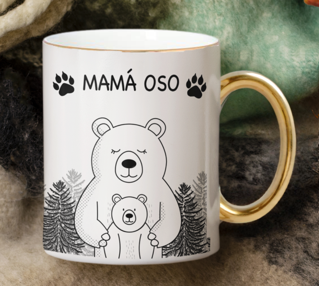 Taza Mamá Oso  - Taza Blanca y Dorada 11 oz- Taza Día de la Madre - Taza para Mamá