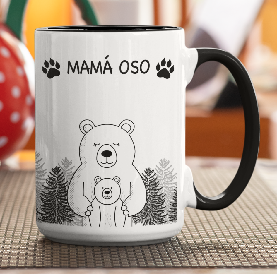 Taza Mamá Oso  - Taza Blanca y Negra 15 oz- Taza Día de la Madre - Taza para Mamá