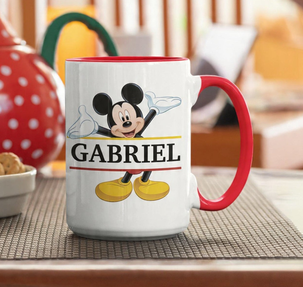 Taza Mickey con tu Nombre Personalizado | Tazas Personalizadas | Taza Blanca y Roja de 15 oz