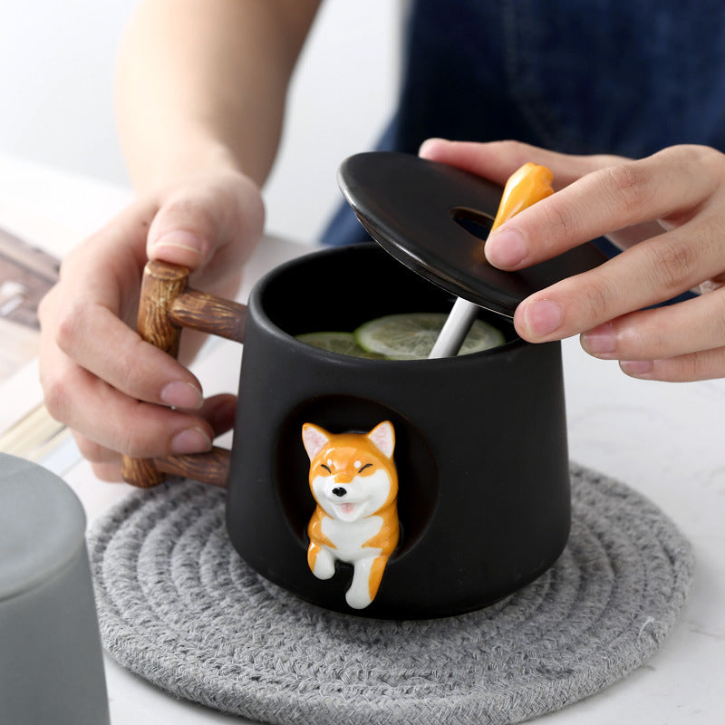 Taza Negra de Hachiko en 3D con Tapa y Cuchara | Taza de Perros