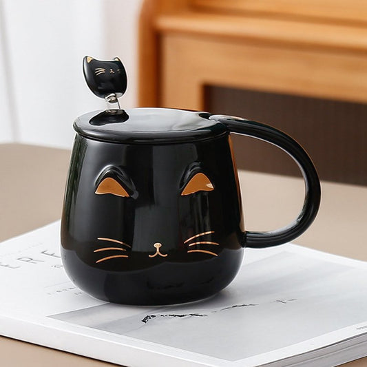 Taza Negra de Tierno Gatito con Tapa y Cuchara - Taza de Gatos 