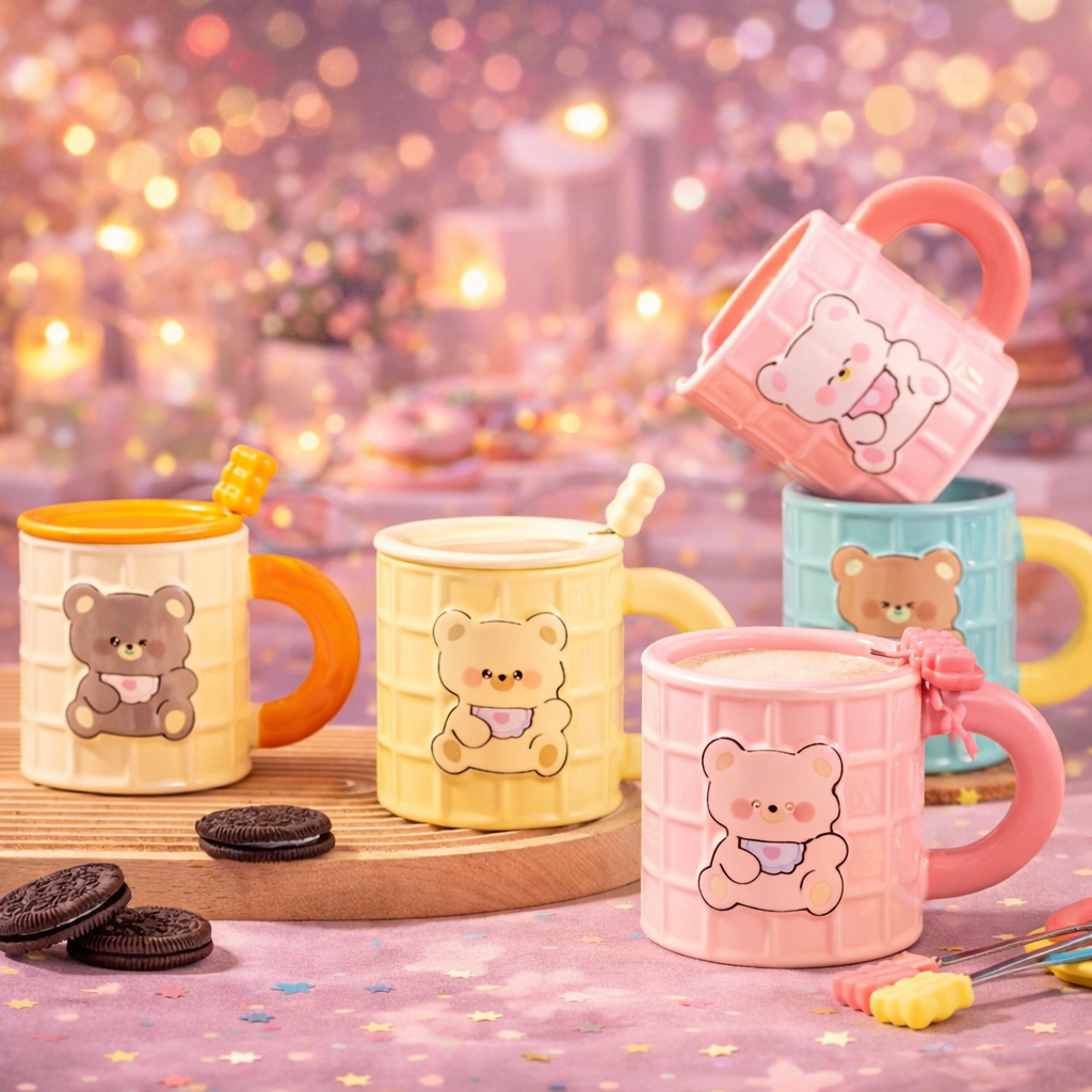 Taza Osito Waffle Amarillo con Tapa y Cuchara | Tazas para Niños & Niñas