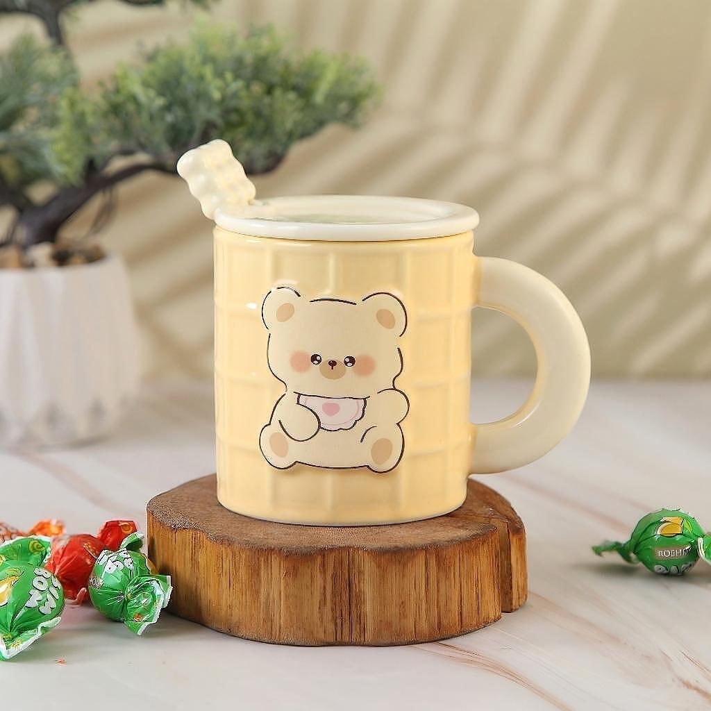 Taza Osito Waffle Amarillo con Tapa y Cuchara | Tazas para Niños & Niñas