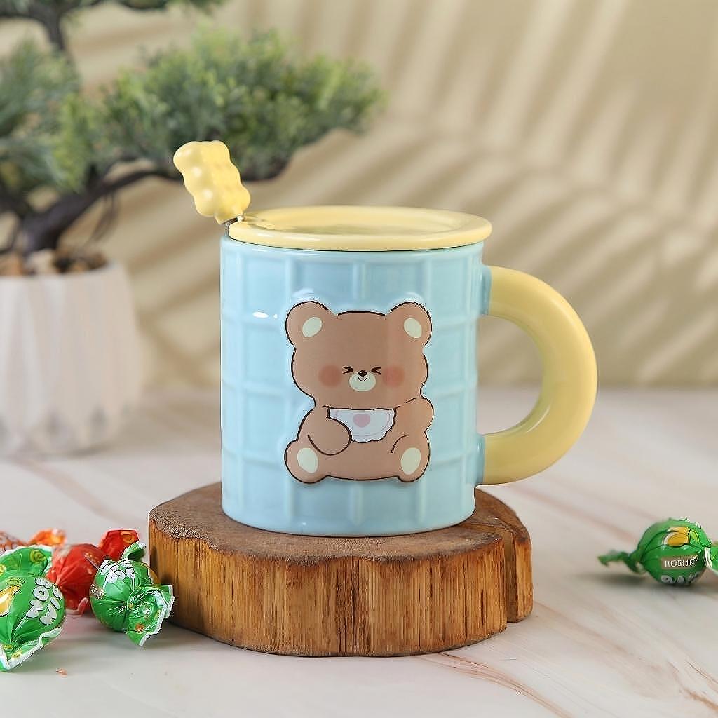 Taza Osito Waffle Celeste con Tapa y Cuchara | Tazas para Niños & Niñas