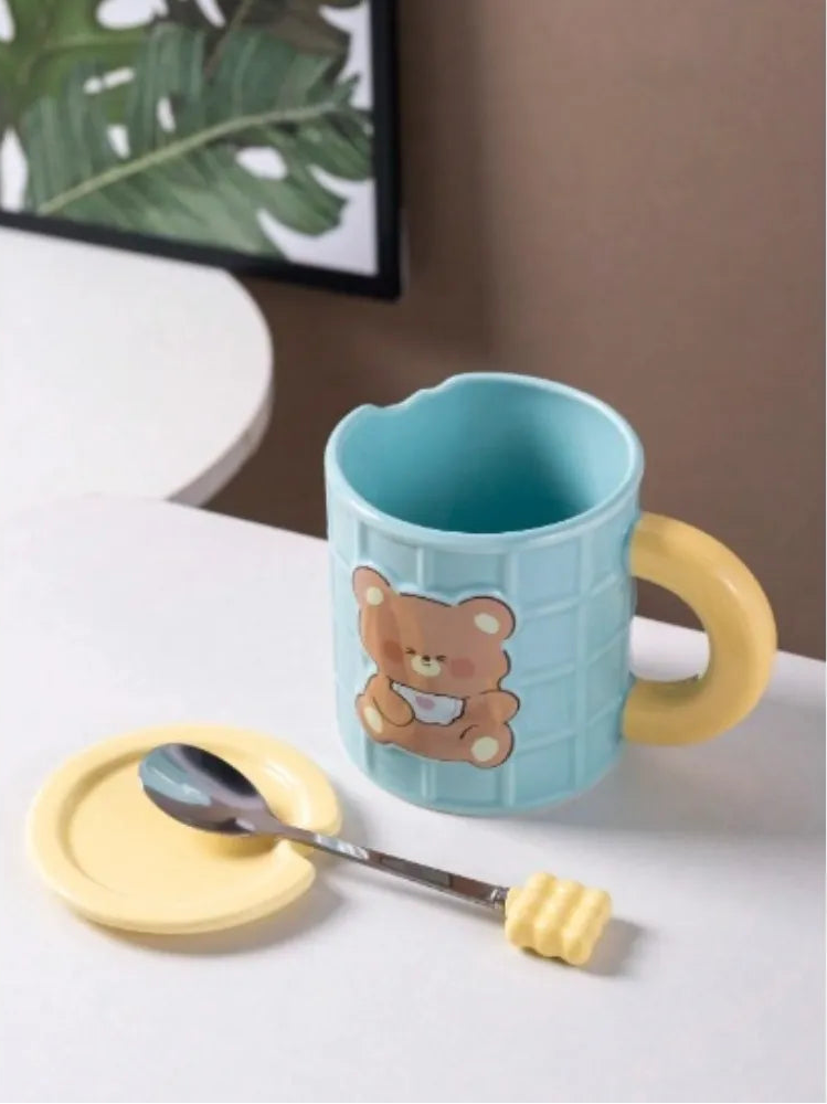 Taza Osito Waffle Celeste con Tapa y Cuchara | Tazas para Niños & Niñas