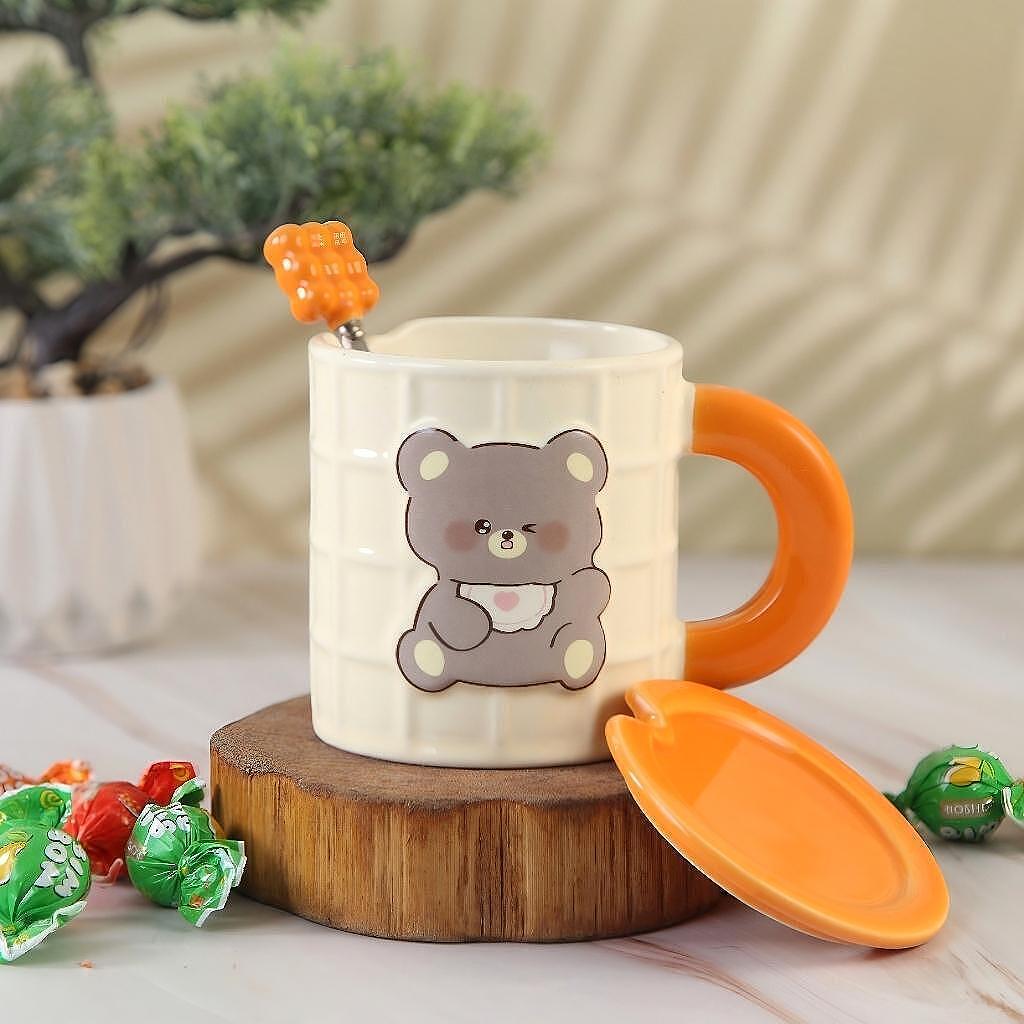 Taza Osito Waffle Crema con Asa Naranja con Tapa y Cuchara | Tazas para Niños & Niñas