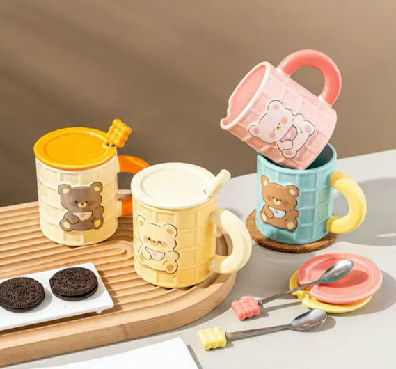 Taza Osito Waffle  con Tapa y Cuchara | Tazas para Niños & Niñas