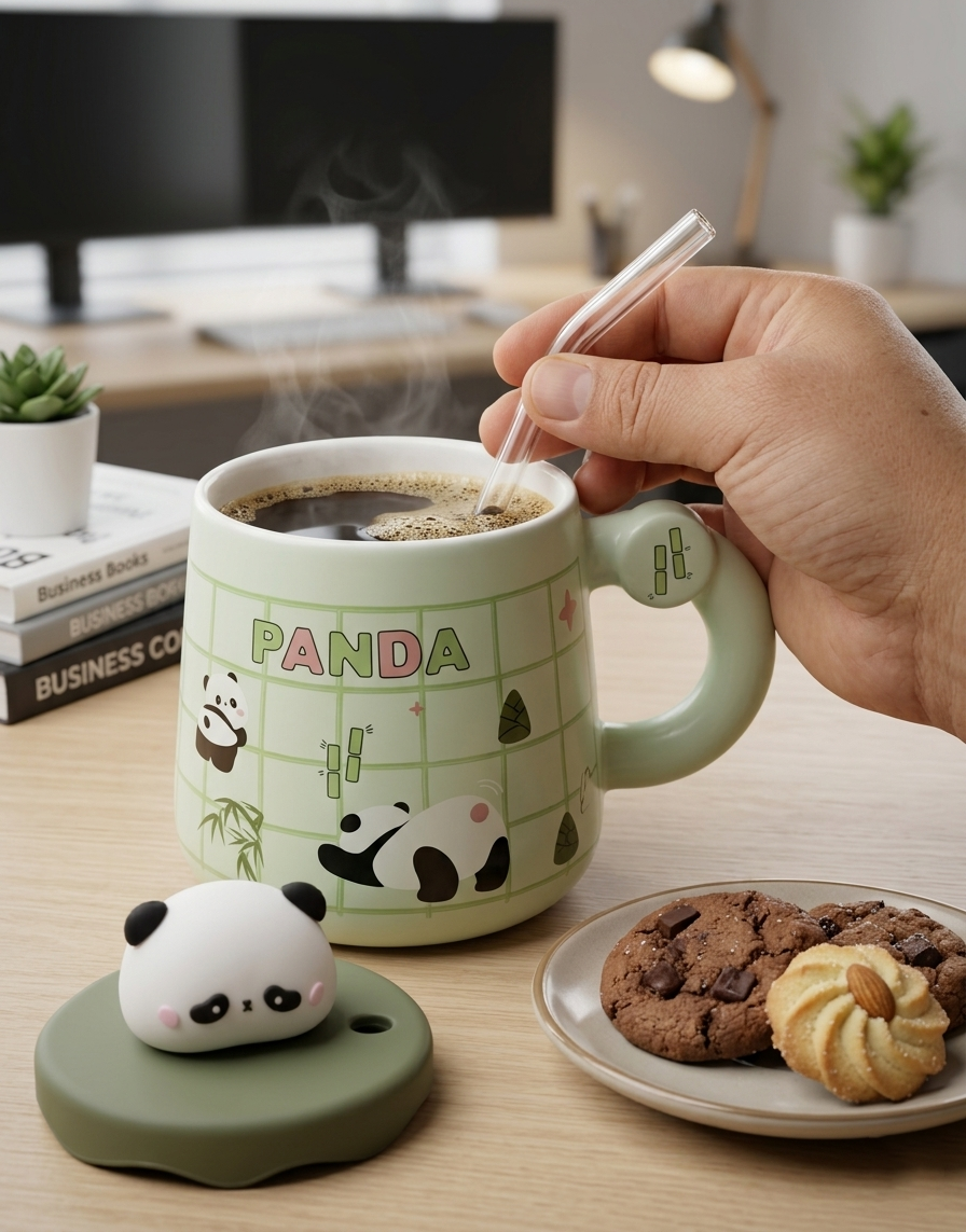 Taza Pandita Bambú con tapa y sorbete | Tazas Kawaii de Panda