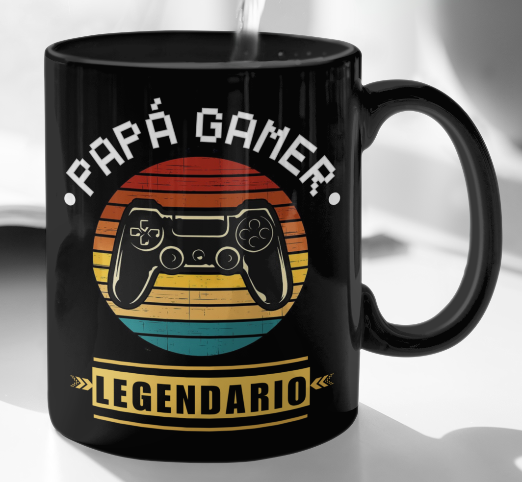 Taza Papá Gamer Legendario - Taza Negra 11 oz -Tazas Día del Padre - Tazas para Papá