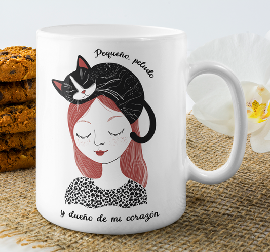 Taza Pequeño, Peludo y Dueño de mi Corazón-Taza Blanco 11 oz-Taza Gato