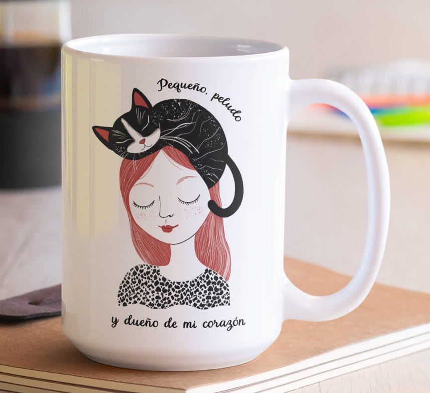 Taza Pequeño, Peludo y Dueño de mi Corazón-Taza Blanca  15 oz-Taza Gato