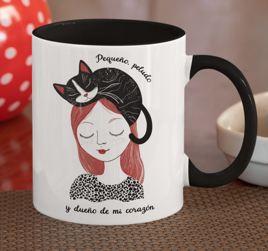 Taza Pequeño, Peludo y Dueño de mi Corazón-Taza Blanca y Negra 11 oz-Taza Gato