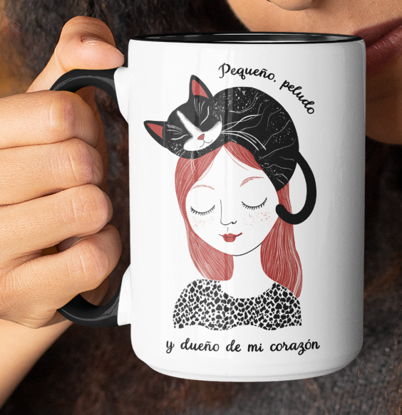 Taza Pequeño, Peludo y Dueño de mi Corazón-Taza Blanca y Negra 15 oz-Taza Gato