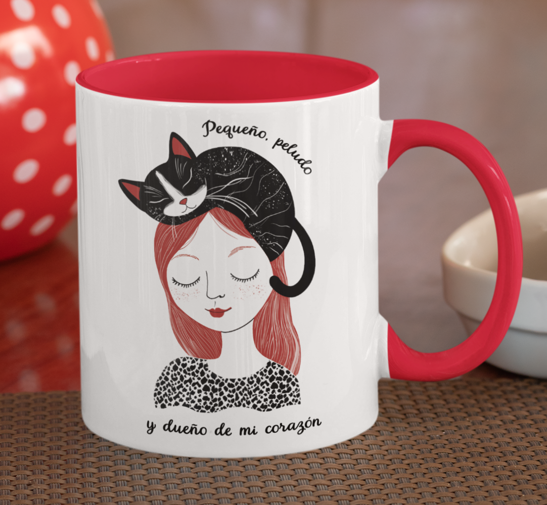 Taza Pequeño, Peludo y Dueño de mi Corazón-Taza Blanca y Roja 11 oz-Taza Gato