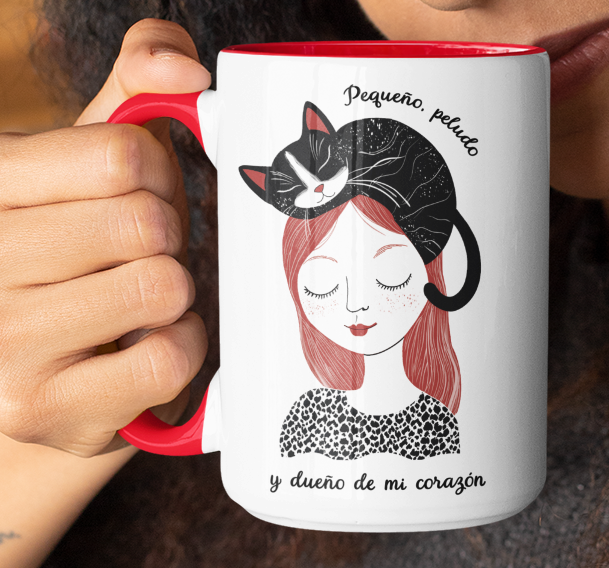 Taza Pequeño, Peludo y Dueño de mi Corazón-Taza Blanca y Roja 15 oz-Taza Gato