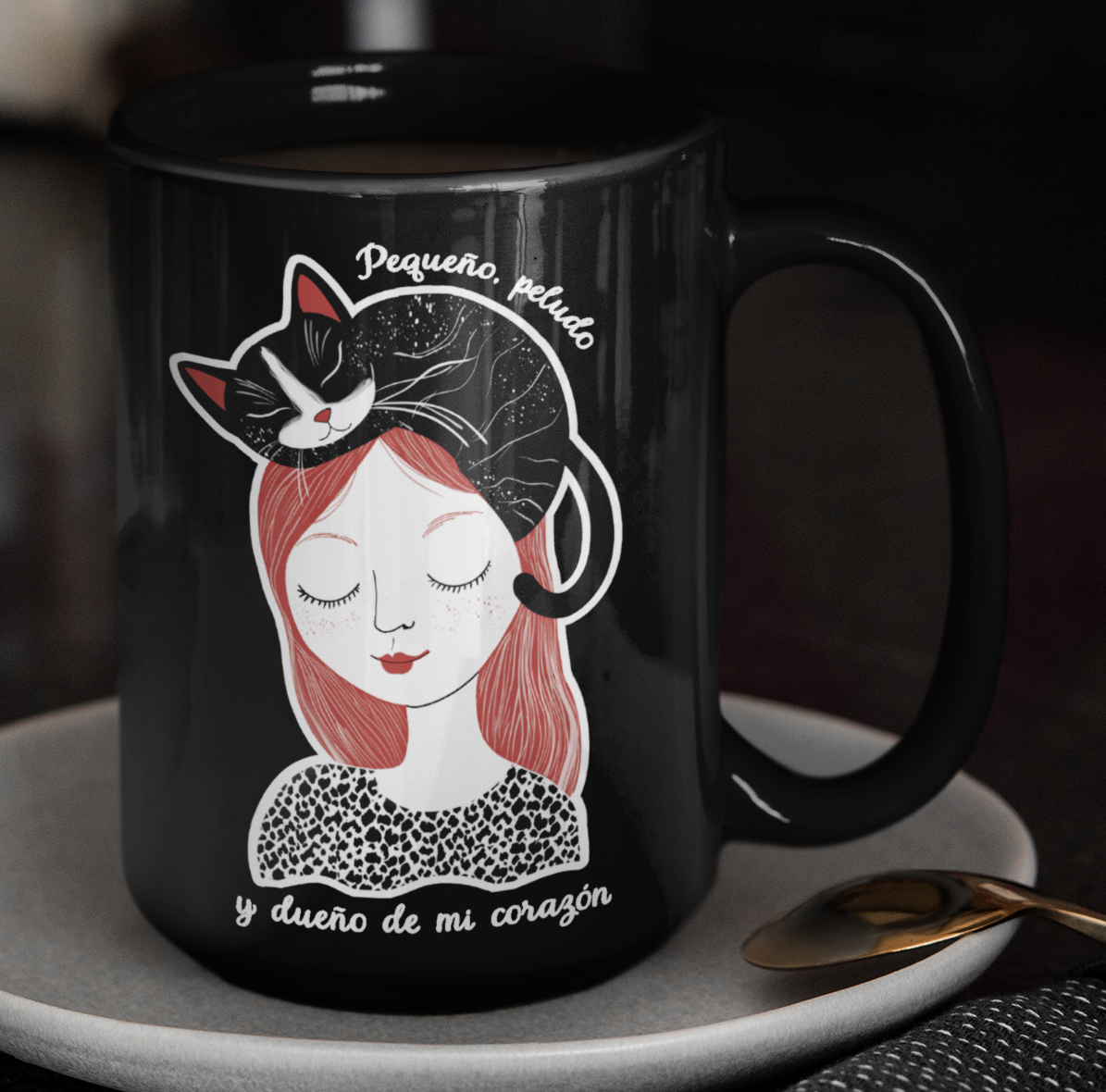 Taza Pequeño, Peludo y Dueño de mi Corazón-Taza Negra 15 oz-Taza Gato