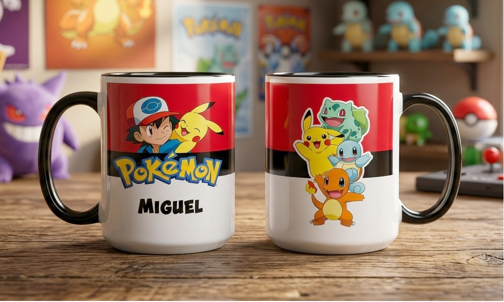 Taza Pokémon Personalizado con tu Nombre | Tazas Pokémon - Taza Blanca y Negra de 15 oz.