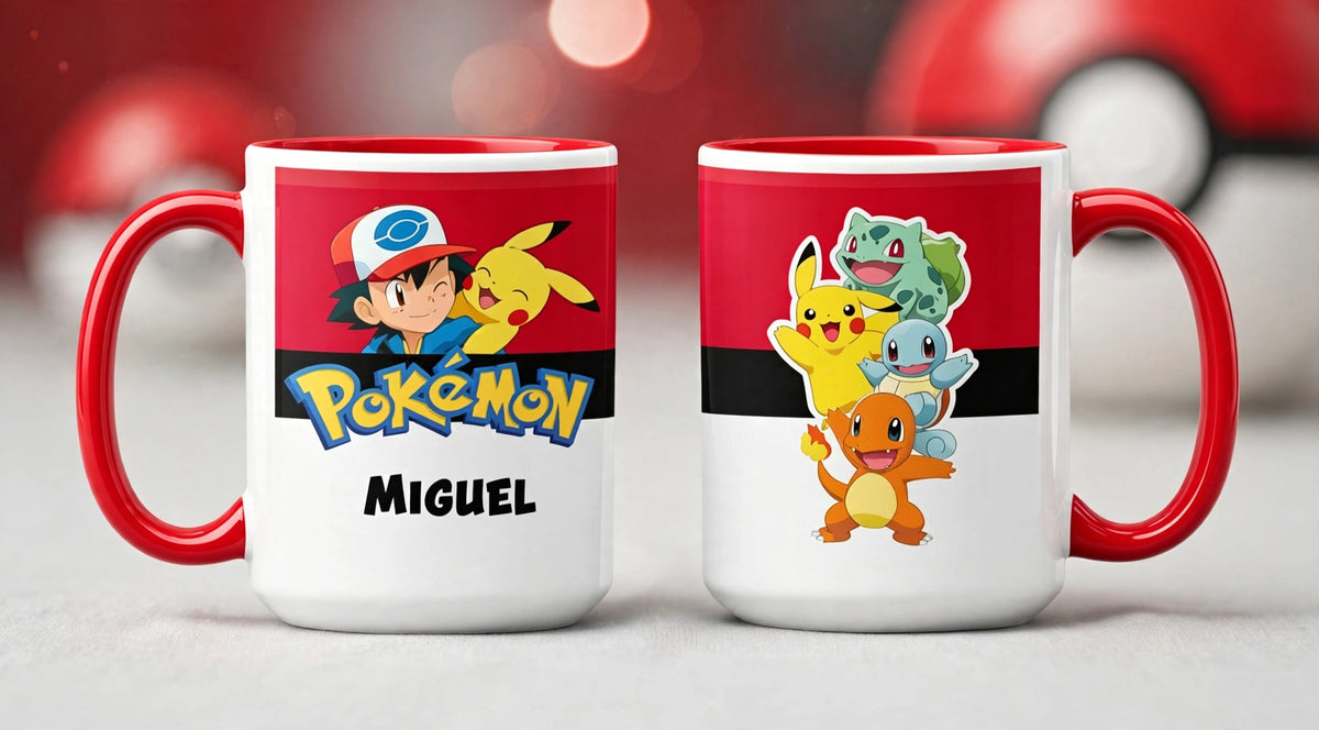 Taza Pokémon Personalizado con tu Nombre | Tazas Pokémon - Taza Blanca y Roja de 15 oz. 