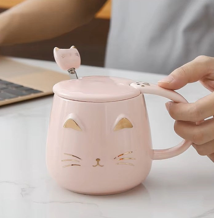 Taza Rosada de Tierno Gatito con Tapa y Cuchara - Taza de Gatos 