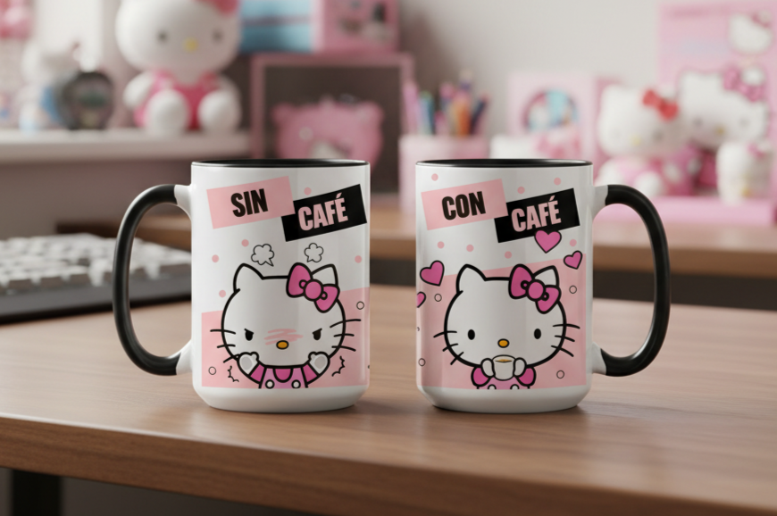 Taza Sin Café / Con Café | Tazas Hello Kitty | Taza Blanca y Negra 15 oz