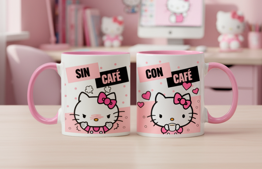 Taza Sin Café / Con Café | Tazas Hello Kitty | Taza Blanca y Rosada 11 oz